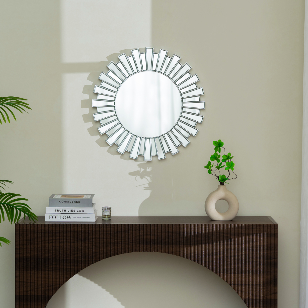 Silver Sunburst Decorative Round Wall Mirror