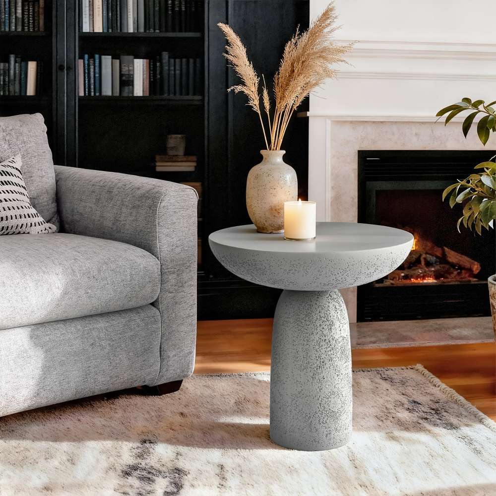 18'' Tall Round Gray Pedestal Side Table, Modern Hourglass End Table with Stone Texture