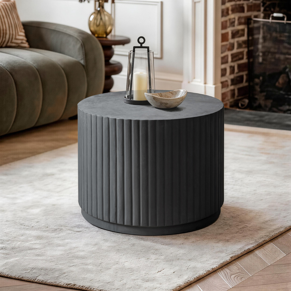Black Modern Round Fluted Drum Magnesium Oxide End Table
