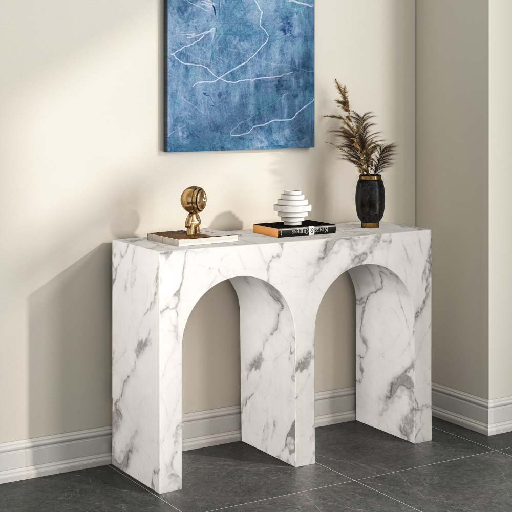 SHYFOY Modern Faux Marble Console Table with Double Arch Design, MDF Entryway Table for Living Room, Hallway, and Sofa Back