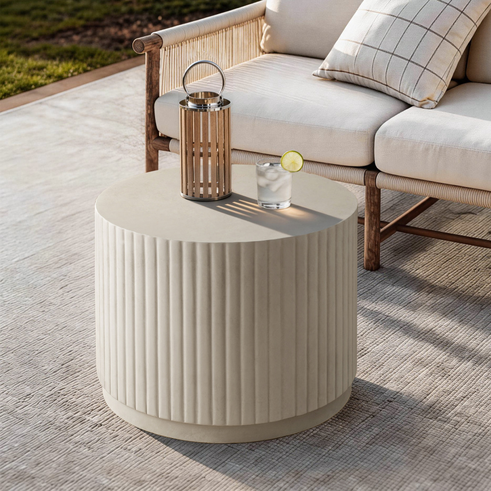 White Modern Round Fluted Drum Magnesium Oxide End Table