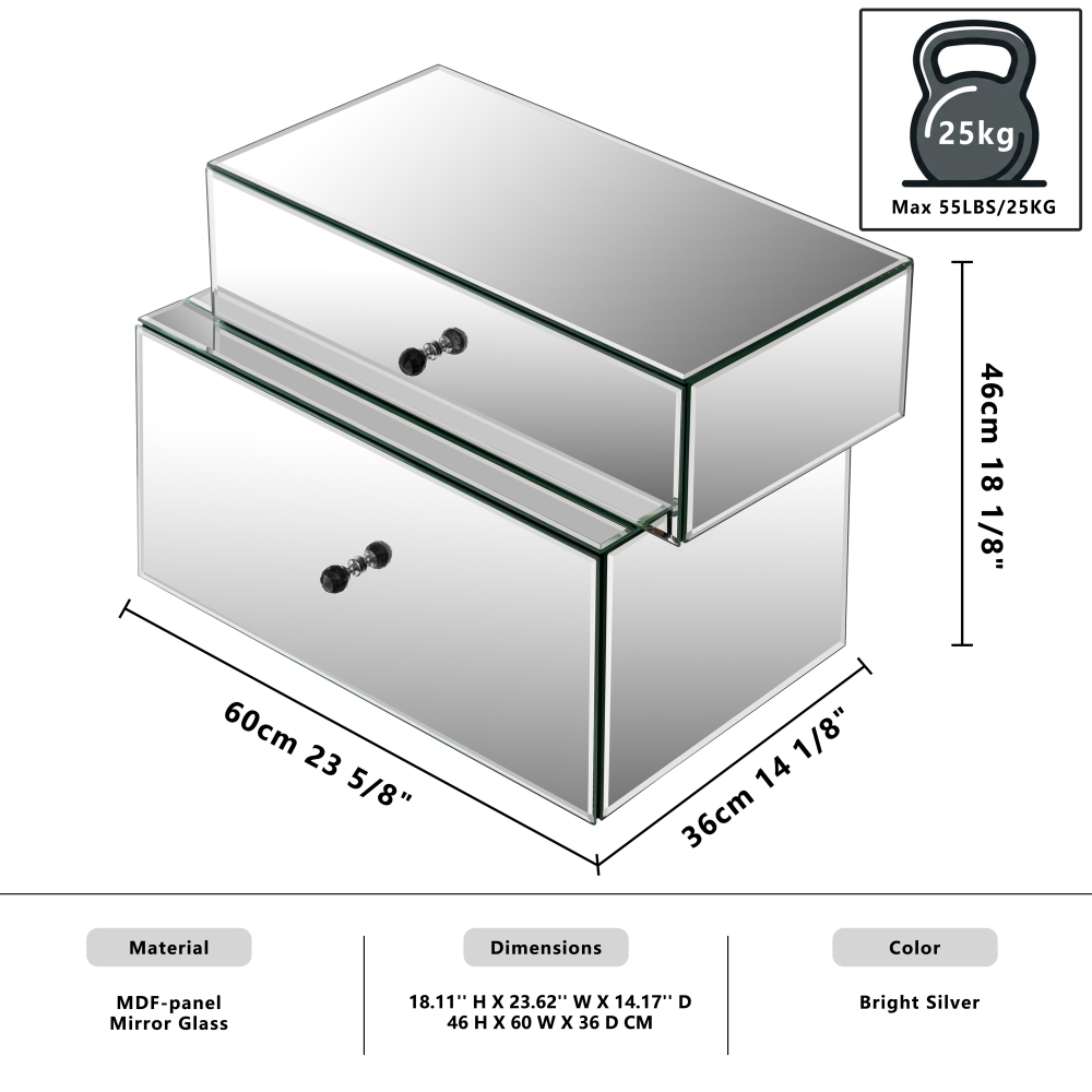Mirrored Nightstand with 2 Drawers, Modern Silver Bedside Table 25.67" W x 14.17" D x 18.74" H
