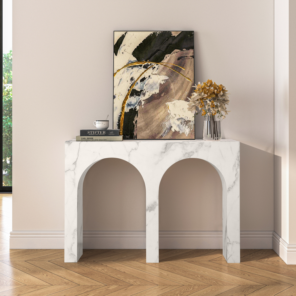 SHYFOY Modern Faux Marble Console Table with Double Arch Design, MDF Entryway Table for Living Room, Hallway, and Sofa Back