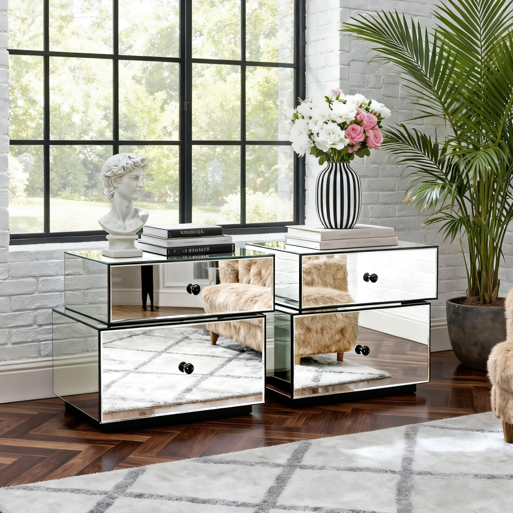 Mirrored Nightstand with 2 Drawers, Modern Silver Bedside Table 25.67" W x 14.17" D x 18.74" H