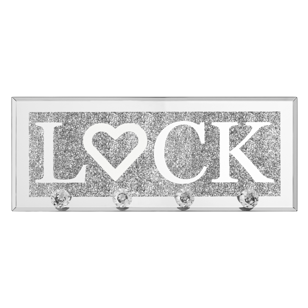 Mirrored Lock Key Holder with Crystal Hooks, Sparkly Silver Mirror Wall Decor