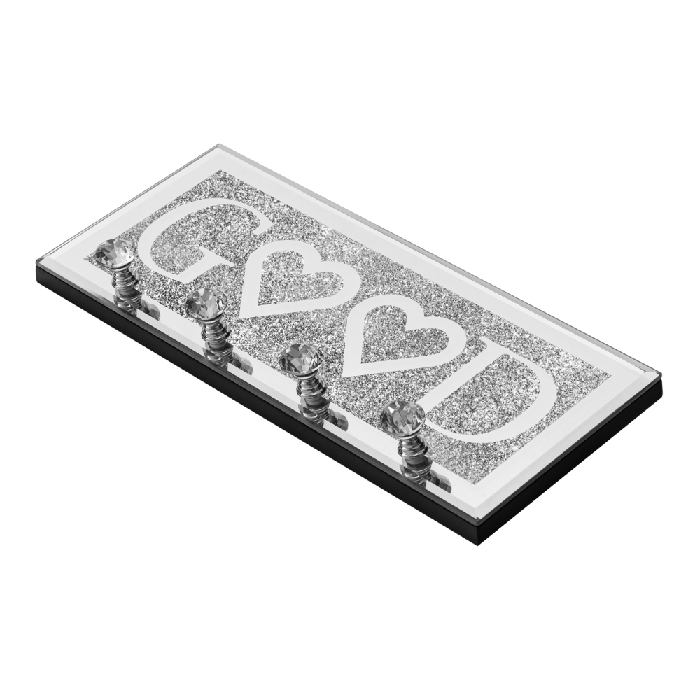 Mirrored Good Key Holder with Crystal Hooks, Sparkly Silver Mirror Wall Decor