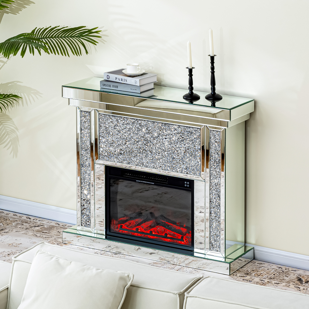 Electric Fireplace with Glass Mantel Surround, Crushed Diamonds inlay