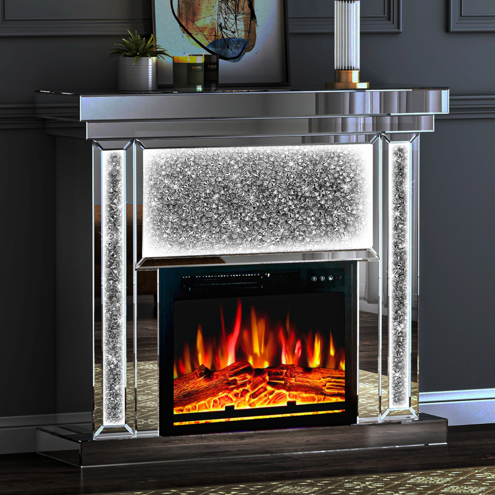 Electric Fireplace with Glass Mantel Surround, Crushed Diamonds inlay