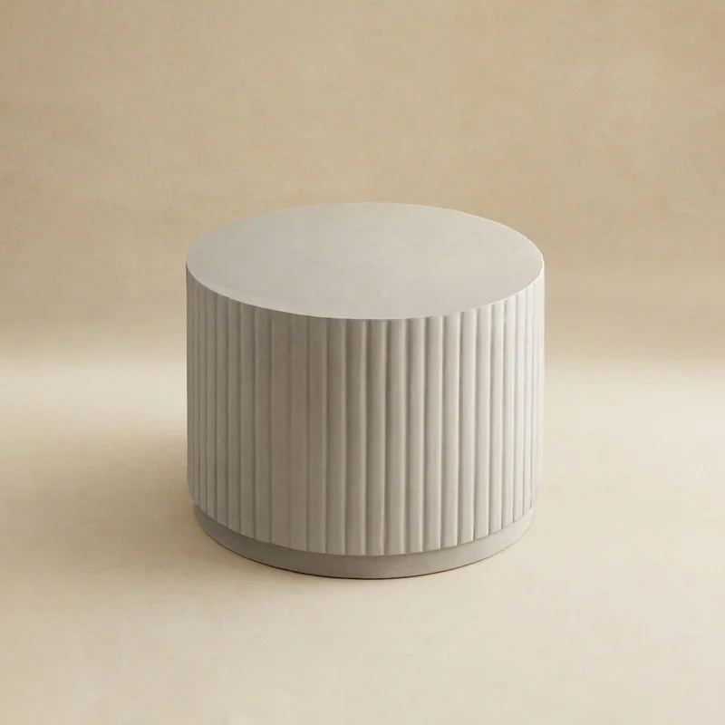 White Modern Round Fluted Drum Magnesium Oxide End Table