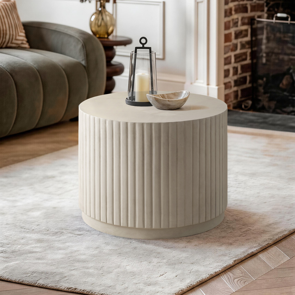 White Modern Round Fluted Drum Magnesium Oxide End Table