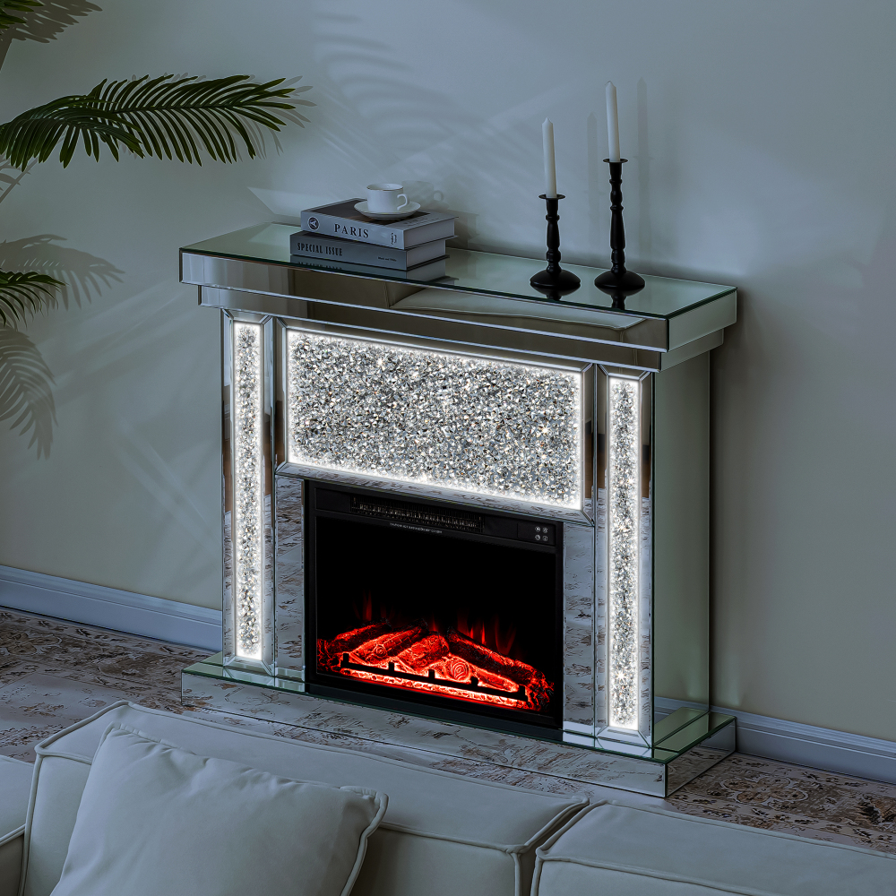 Electric Fireplace with Glass Mantel Surround, Crushed Diamonds inlay