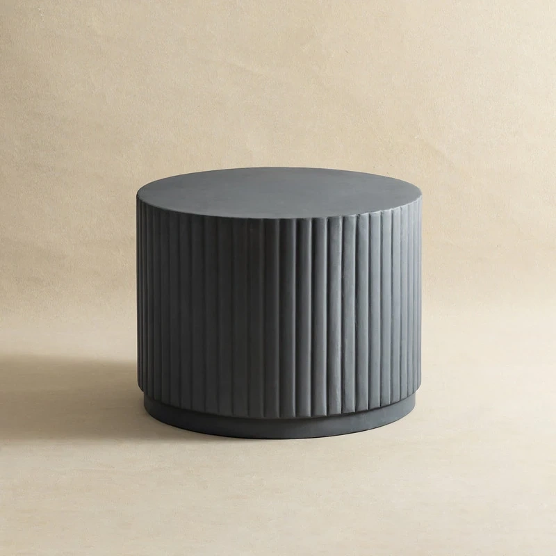 Black Modern Round Fluted Drum Magnesium Oxide End Table