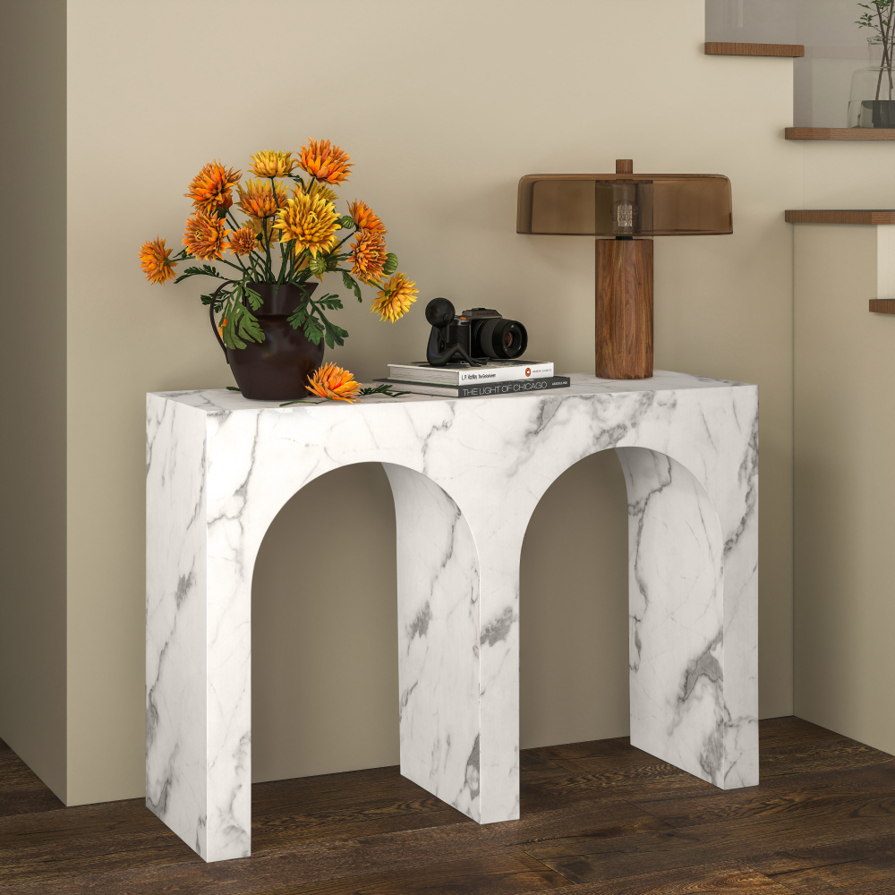 SHYFOY Modern Faux Marble Console Table with Double Arch Design, MDF Entryway Table for Living Room, Hallway, and Sofa Back