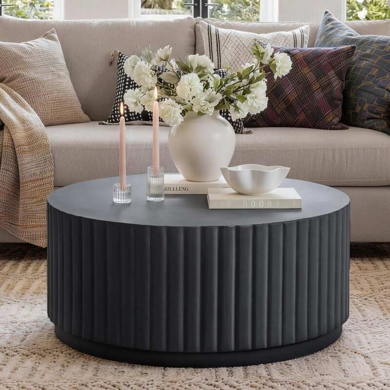 Black Modern Ribbed Round Concrete Coffee Table