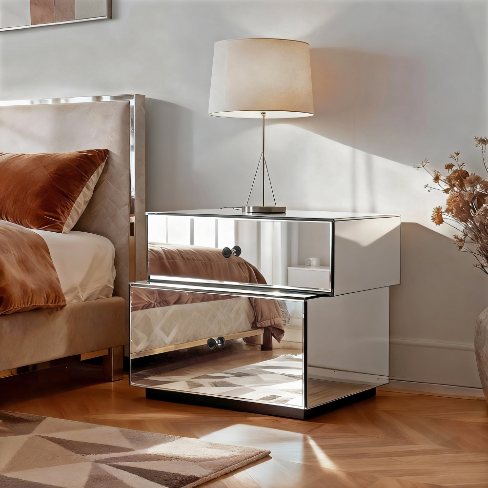 Mirrored Nightstand with 2 Drawers, Modern Silver Bedside Table 25.67" W x 14.17" D x 18.74" H