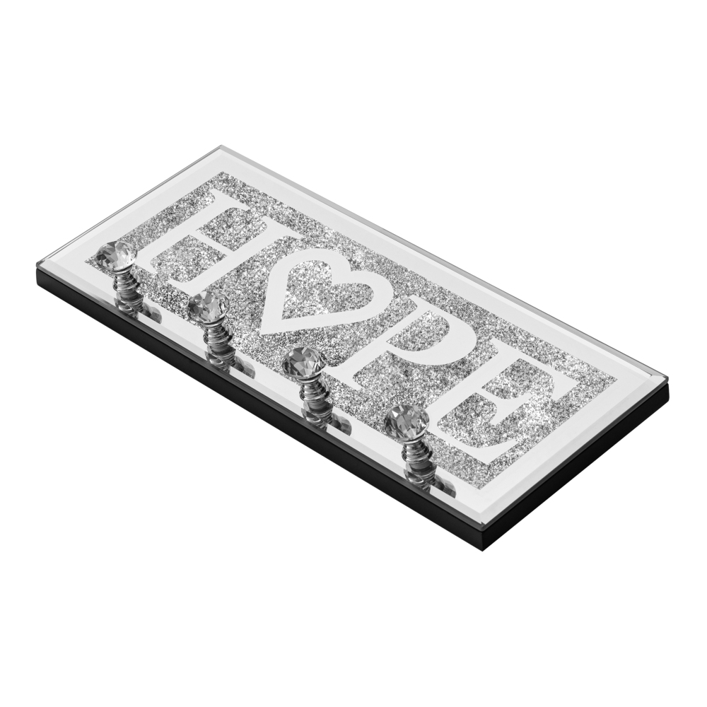 Mirrored HOPE Key Holder with Crystal Hooks Sparkly Silver Mirror Wall Decor