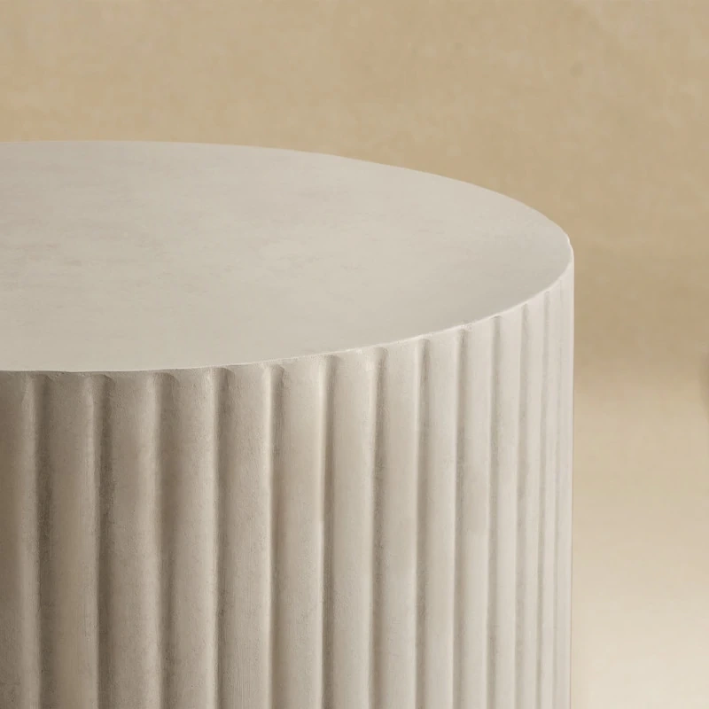 White Modern Round Fluted Drum Magnesium Oxide End Table