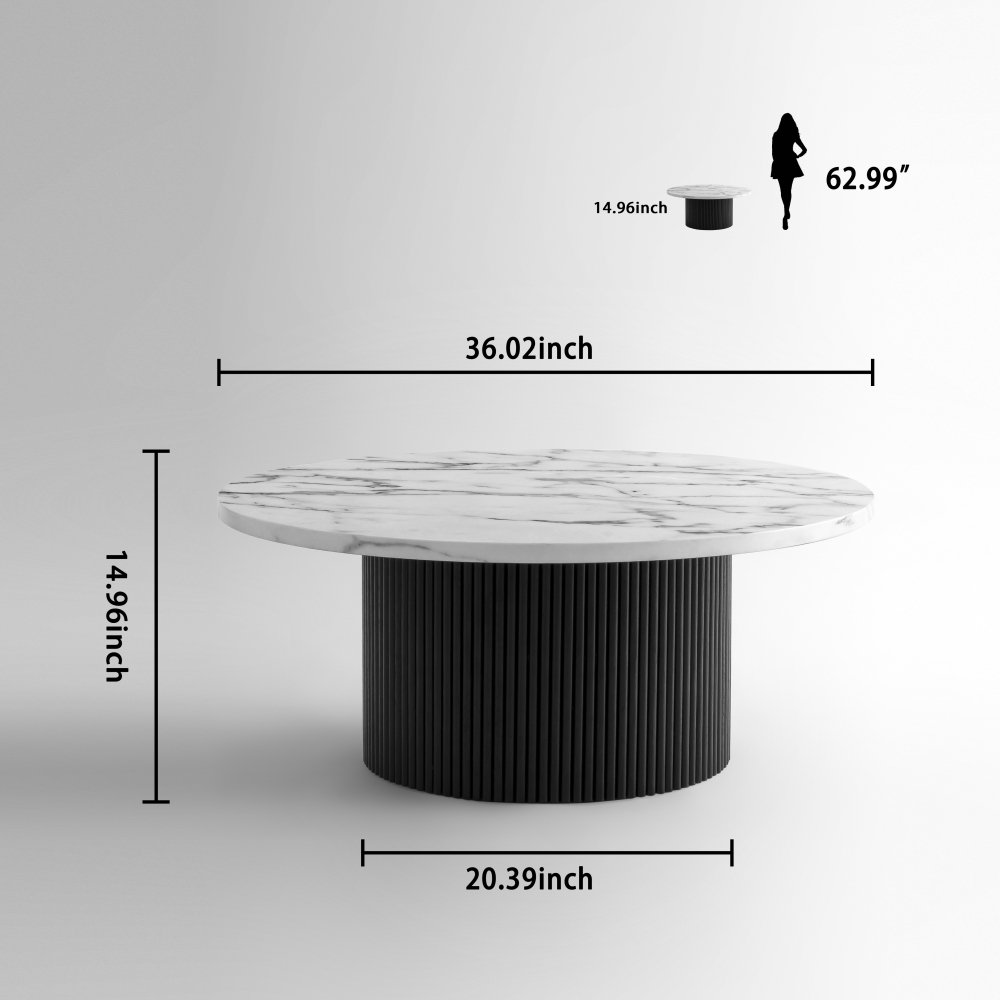 Black Modern Round Coffee Table with Solid Wood Fluted Design