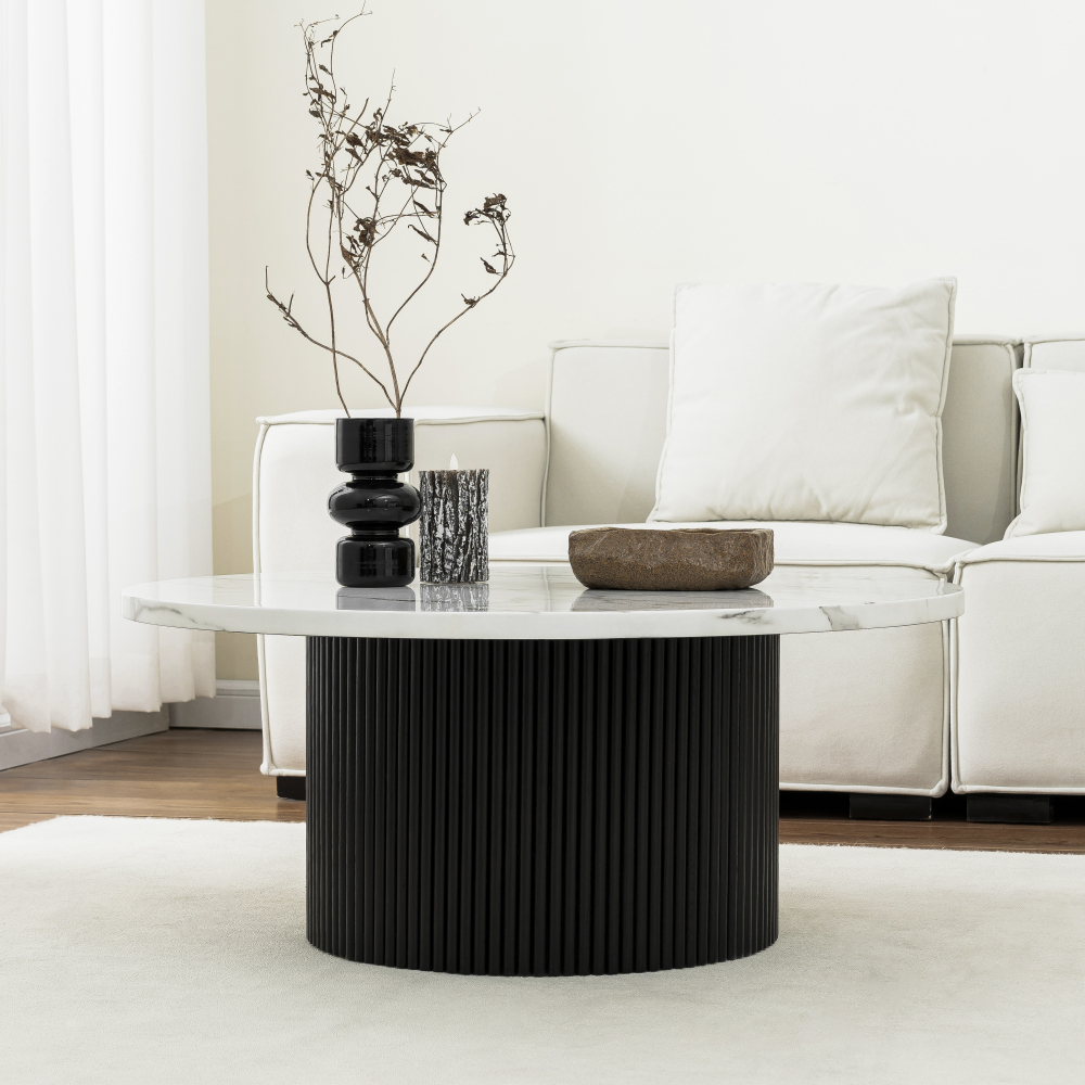 Black Modern Round Coffee Table with Solid Wood Fluted Design