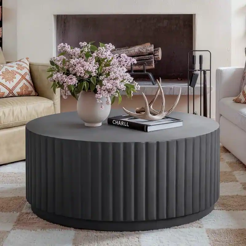 Black Modern Ribbed Round Concrete Coffee Table