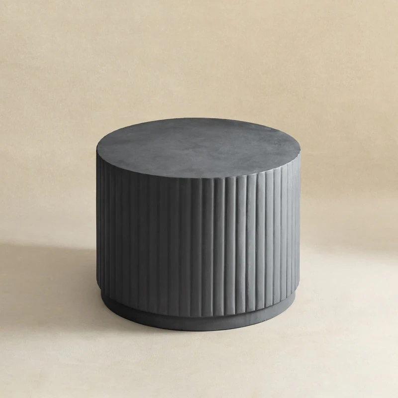 Black Modern Round Fluted Drum Magnesium Oxide End Table