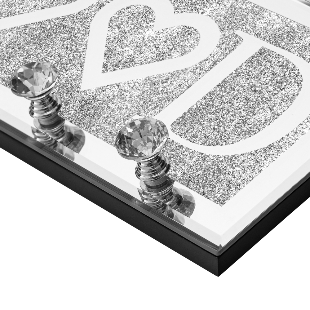 Mirrored Good Key Holder with Crystal Hooks, Sparkly Silver Mirror Wall Decor