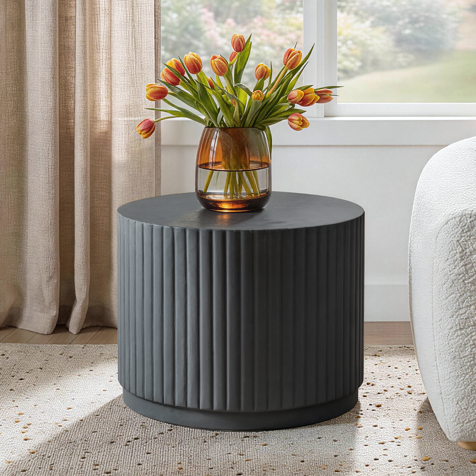 Black Modern Round Fluted Drum Magnesium Oxide End Table