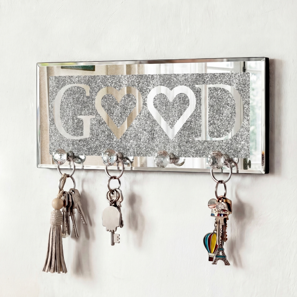 Mirrored Good Key Holder with Crystal Hooks, Sparkly Silver Mirror Wall Decor