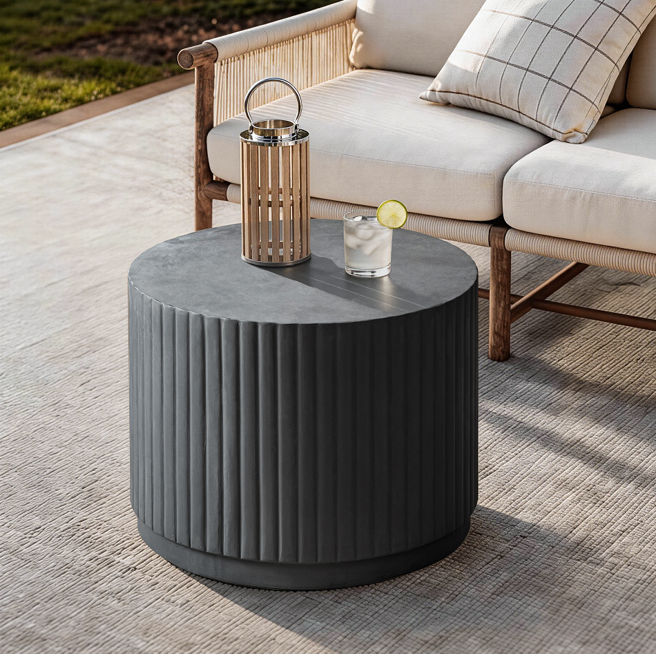 Black Modern Round Fluted Drum Magnesium Oxide End Table