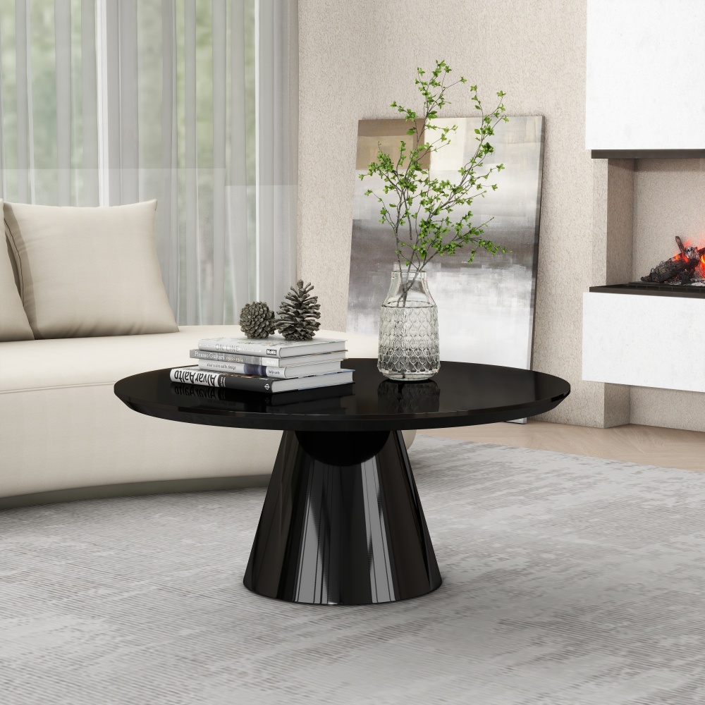 White Modern Cone Coffee Table for Living Room, High Gloss Finish, 35.4in Diameter