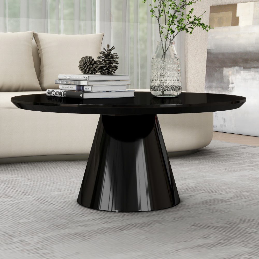 White Modern Cone Coffee Table for Living Room, High Gloss Finish, 35.4in Diameter
