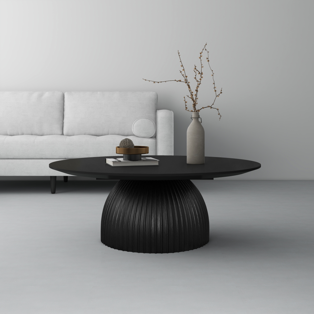Classical Black Round Coffee Table Solid Wood Base
