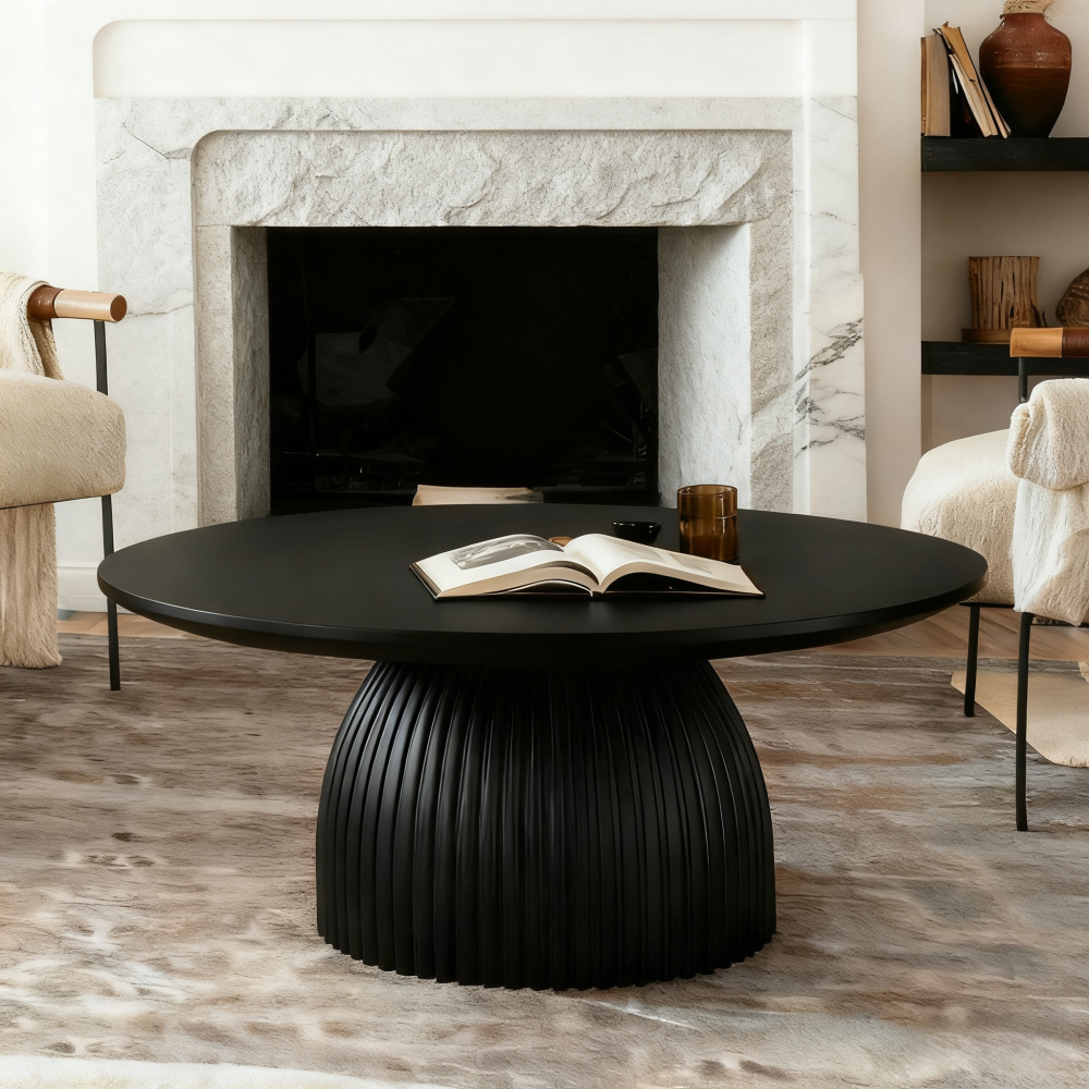Classical Black Round Coffee Table Solid Wood Base