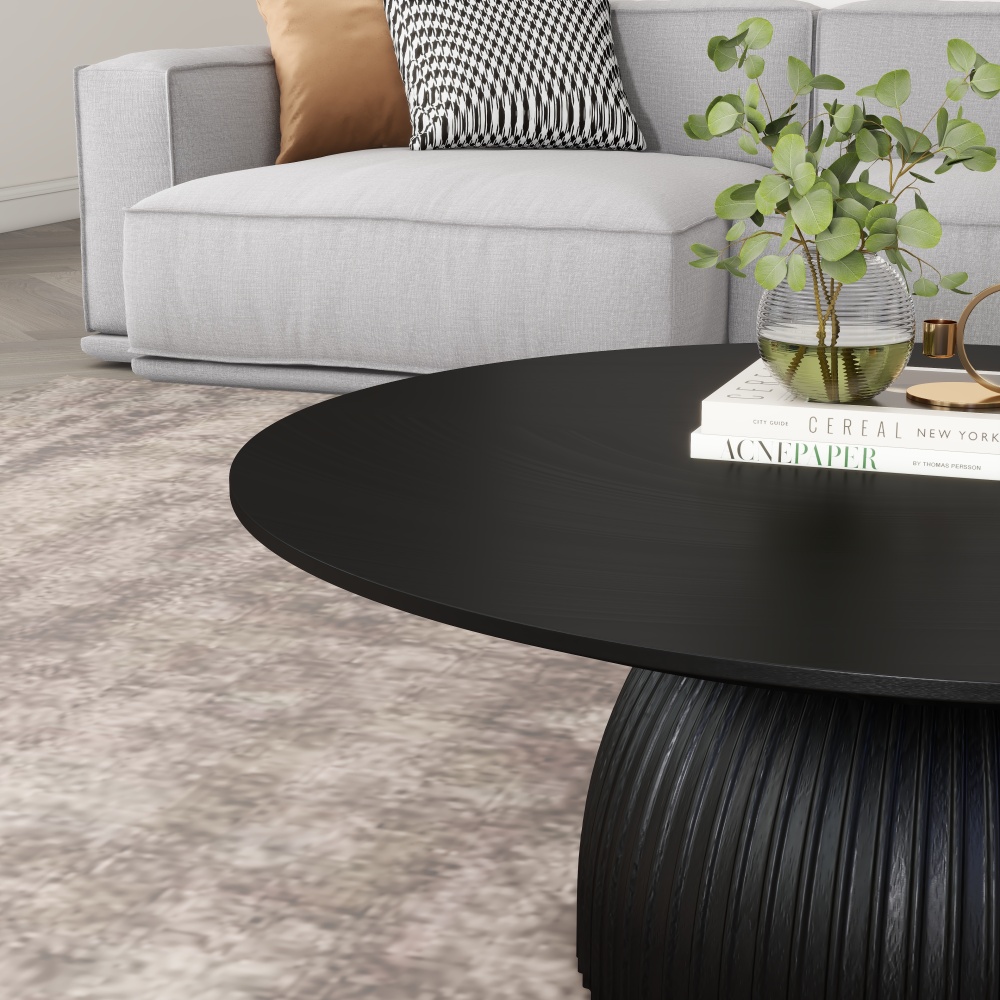 Classical Black Round Coffee Table Solid Wood Base
