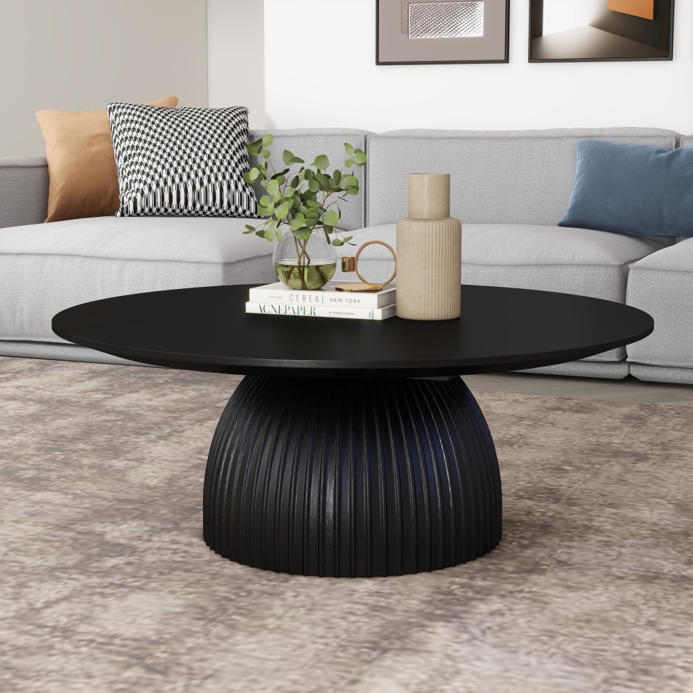 Classical Black Round Coffee Table Solid Wood Base