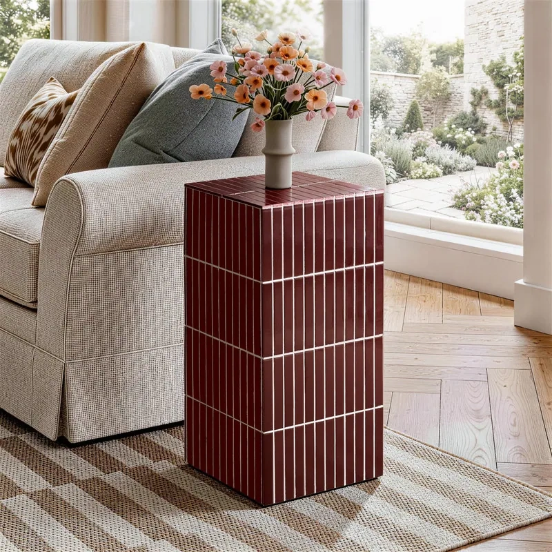 23.6" H Grid-Tiled Modern Square Accent Table