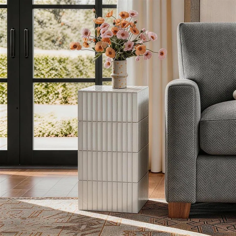 23.6" H Grid-Tiled Modern Square Accent Table