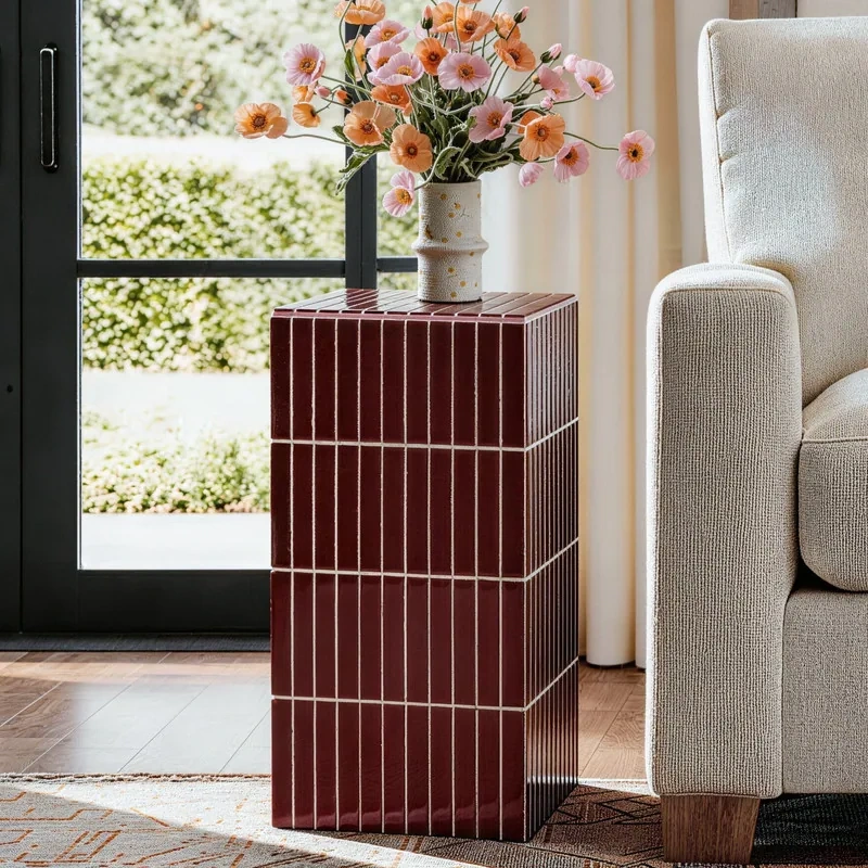 23.6" H Grid-Tiled Modern Square Accent Table