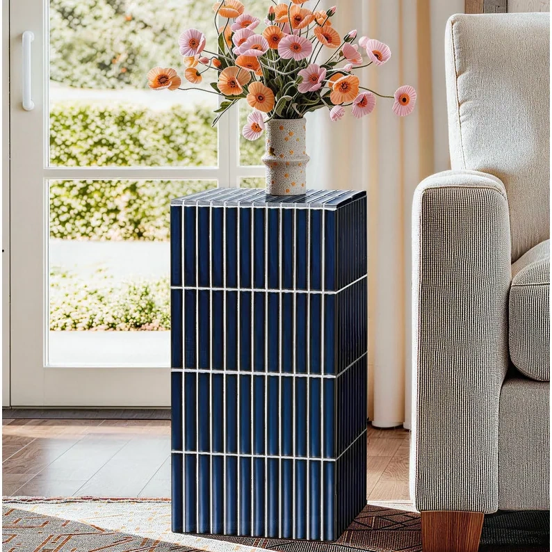 23.6" H Grid-Tiled Modern Square Accent Table