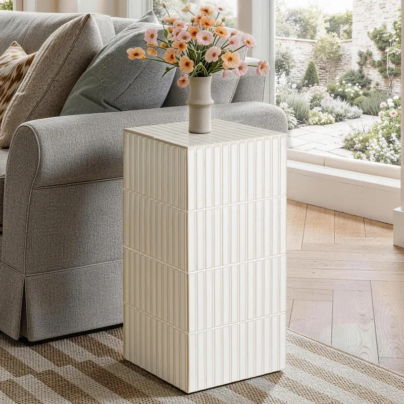 23.6" H Grid-Tiled Modern Square Accent Table