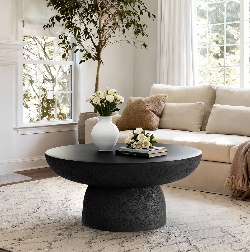 Black Travertine Round Coffee Tables Accent Center Table