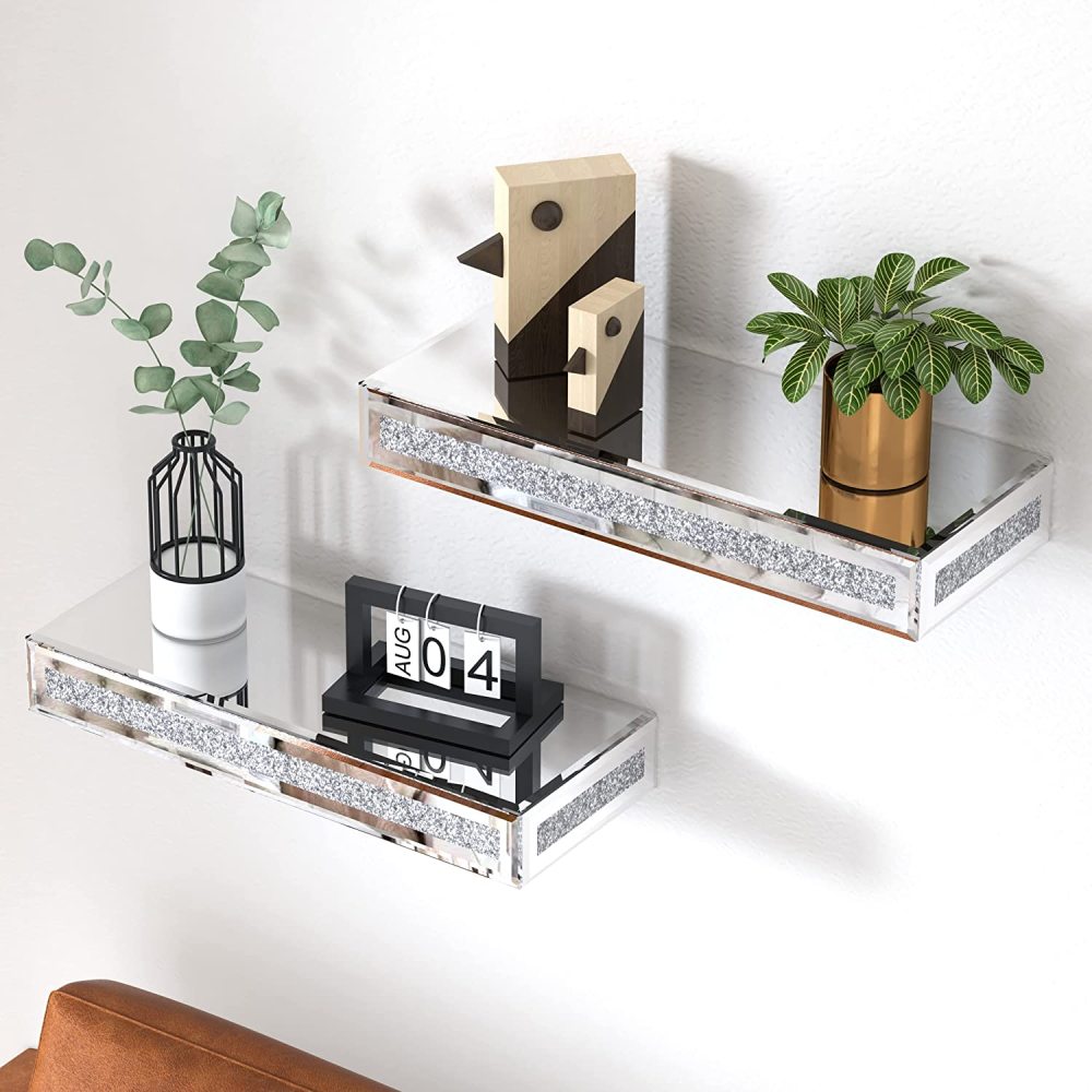 Mirrored Floating Shelves Wall Mounted Set of 2, Glitter Glass Mirror Storage Wall Shelves