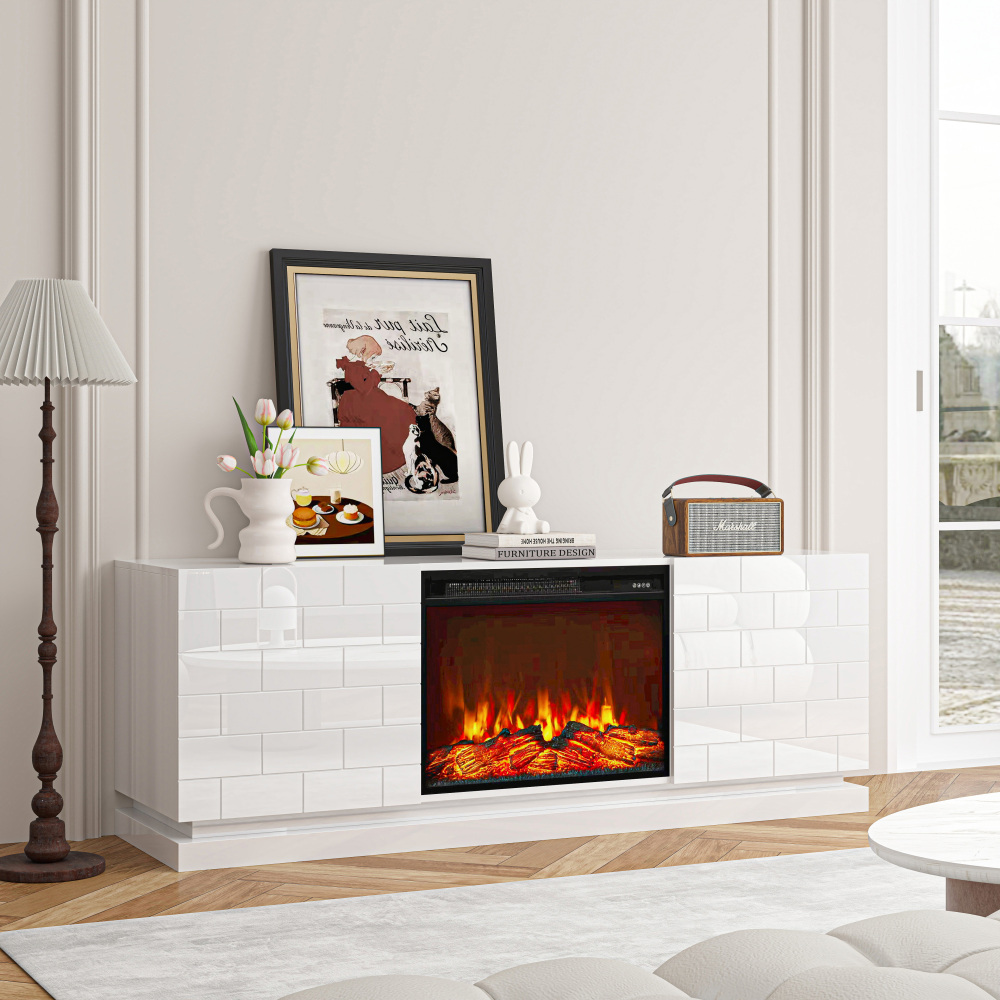 63" TV Stand with Electric Fireplace, Modern White High Gloss Entertainment Center with Brick Pattern Doors