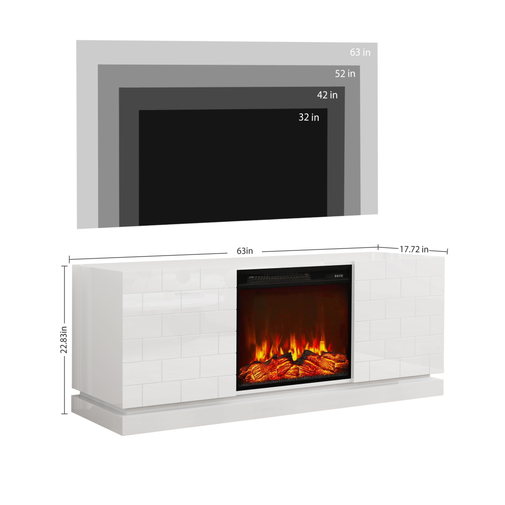 63" TV Stand with Electric Fireplace, Modern White High Gloss Entertainment Center with Brick Pattern Doors