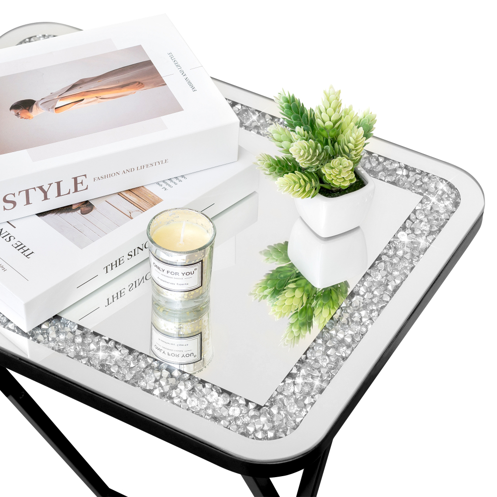 Mirrored End Table Crushed Diamond Folding TV Dinner Table Tray, Portable Sofa Side Table
