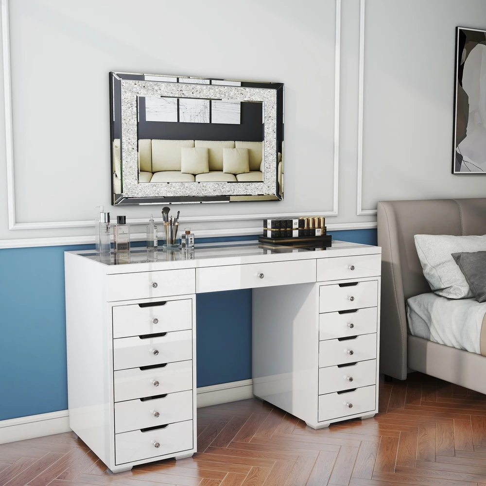SHYFOY Glossy White Dressing Vanity Table Makeup Desk with 13-Drawer