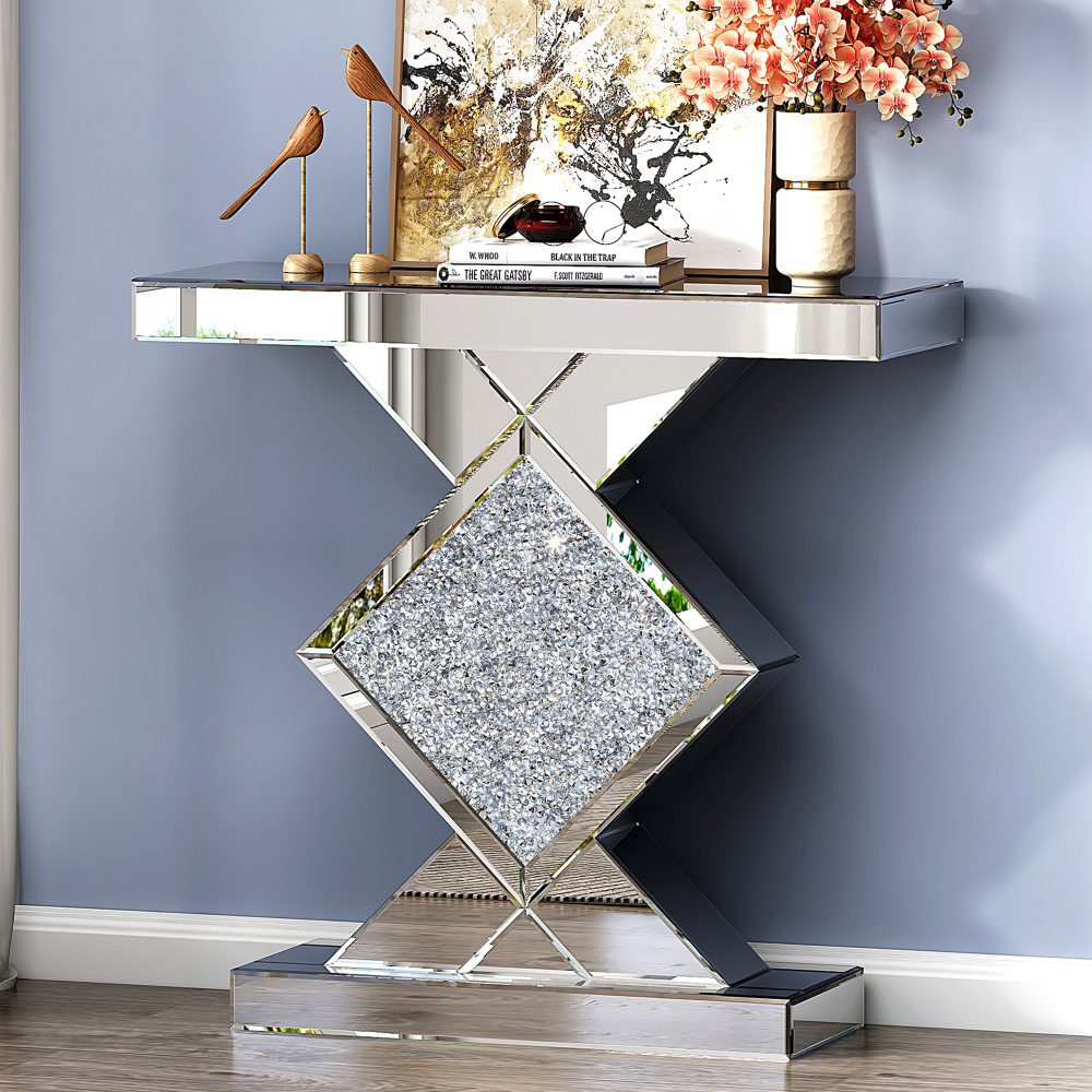 Console Table Mirrored, Silver Entryway Tables with Diamond Shaped Mirror Finished, 31.5'' Long Accent Narrow Table