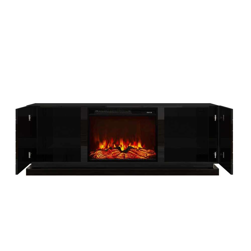 Modern TV Stand with Electric Fireplace, 63" High Gloss Black Entertainment Console with Brick Pattern Doors