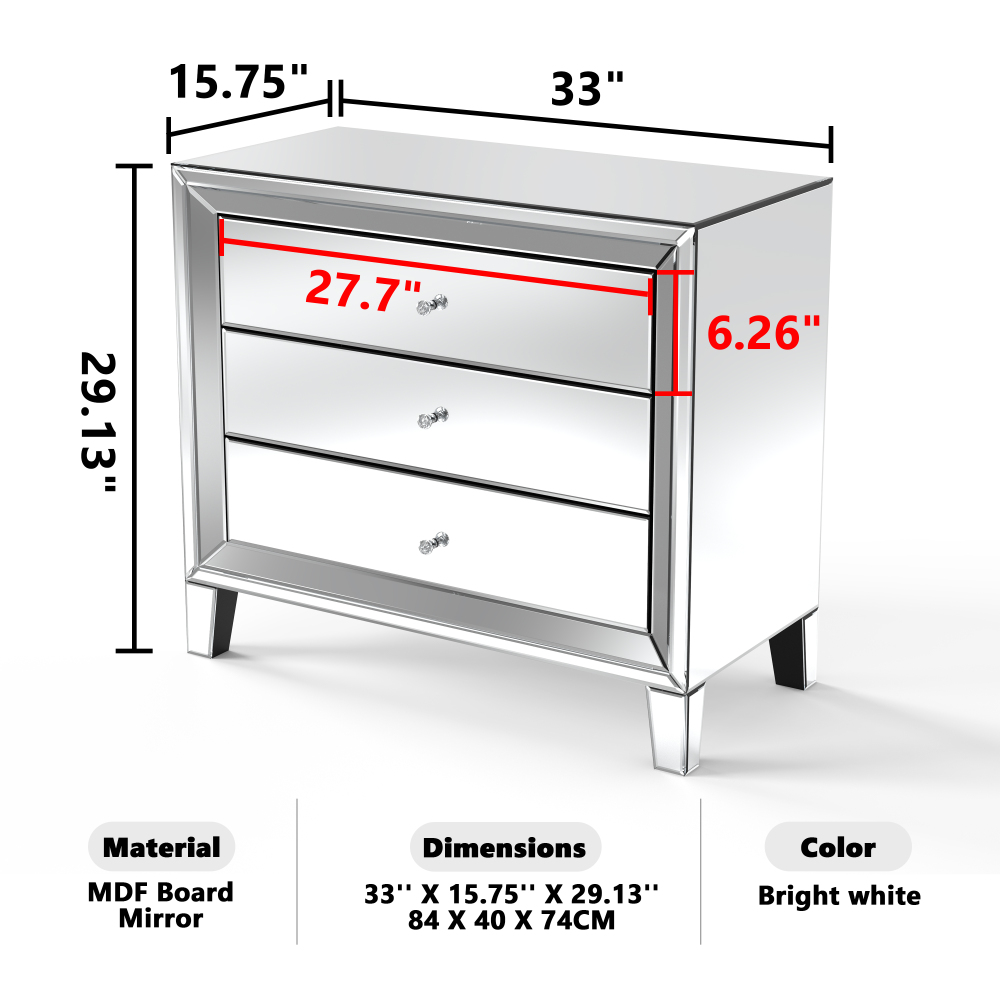 Mirrored Nightstand with 3 Drawers, Silver Glass Bedside Table with Crystal Handles