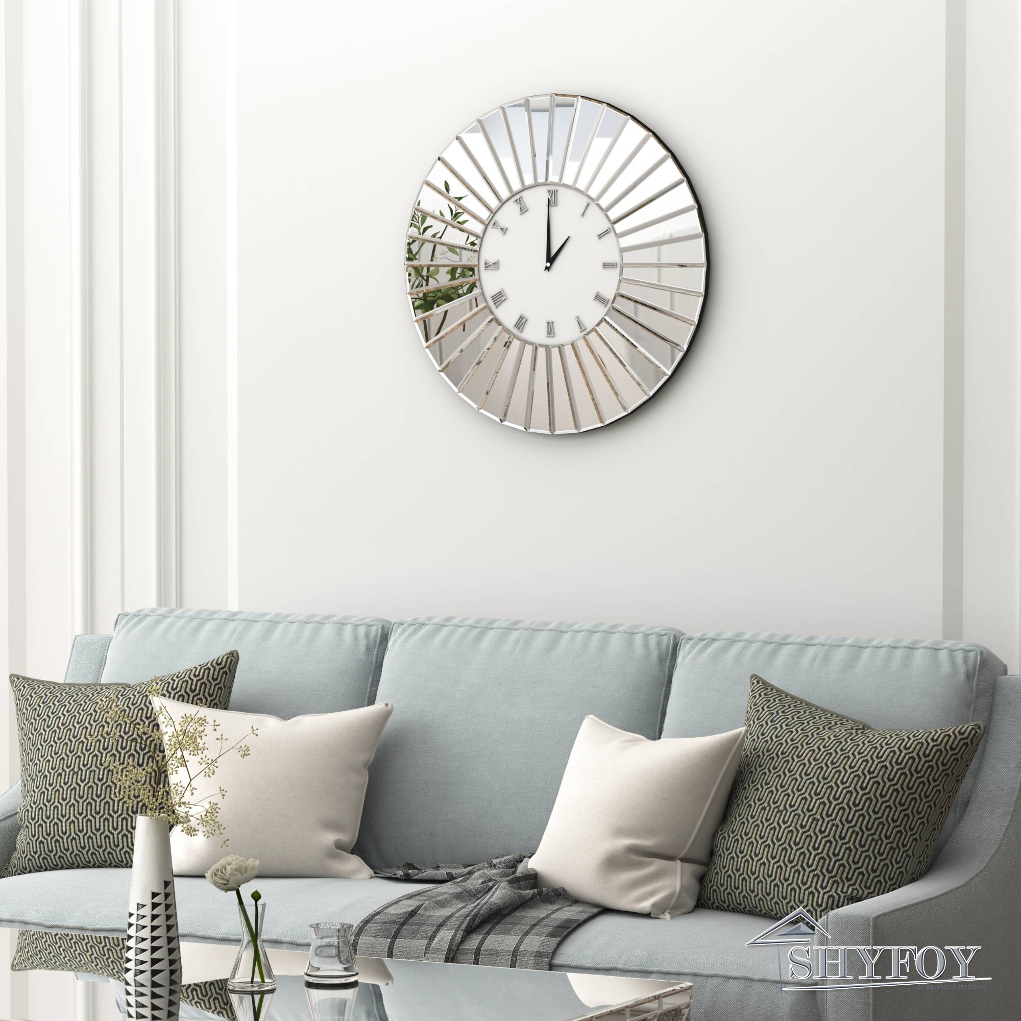 SHYFOY Mirrored Wall Clocks Decor Sparkly Big Decorative Wall Clock - Round Modern Silver Glass Frame for Living Room Decoration Home Decor -